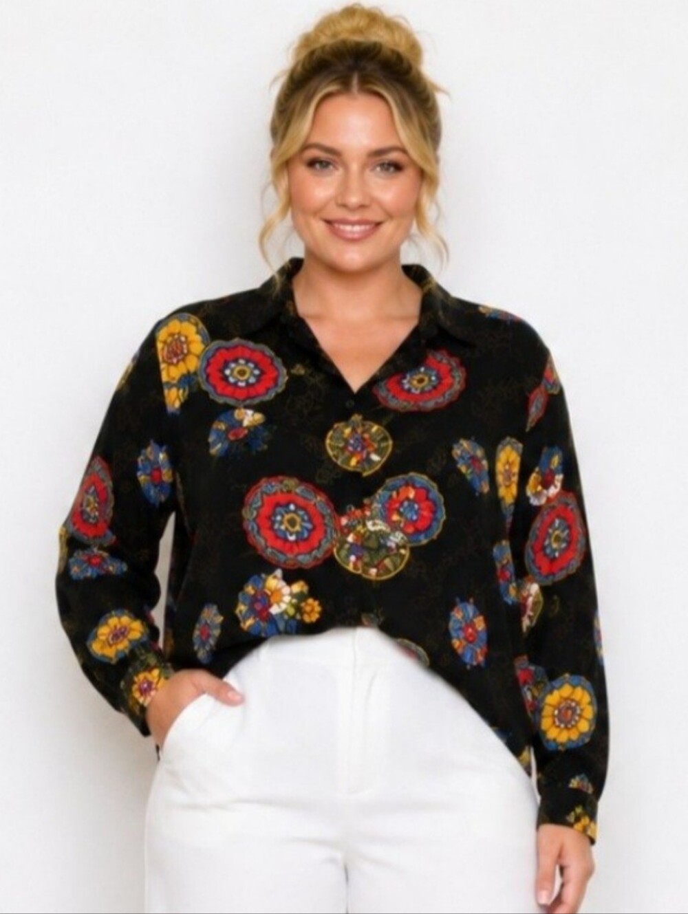 Vintage 90s SG Sport Floral Medallion Blouse Black Plus Size 1X Made USA